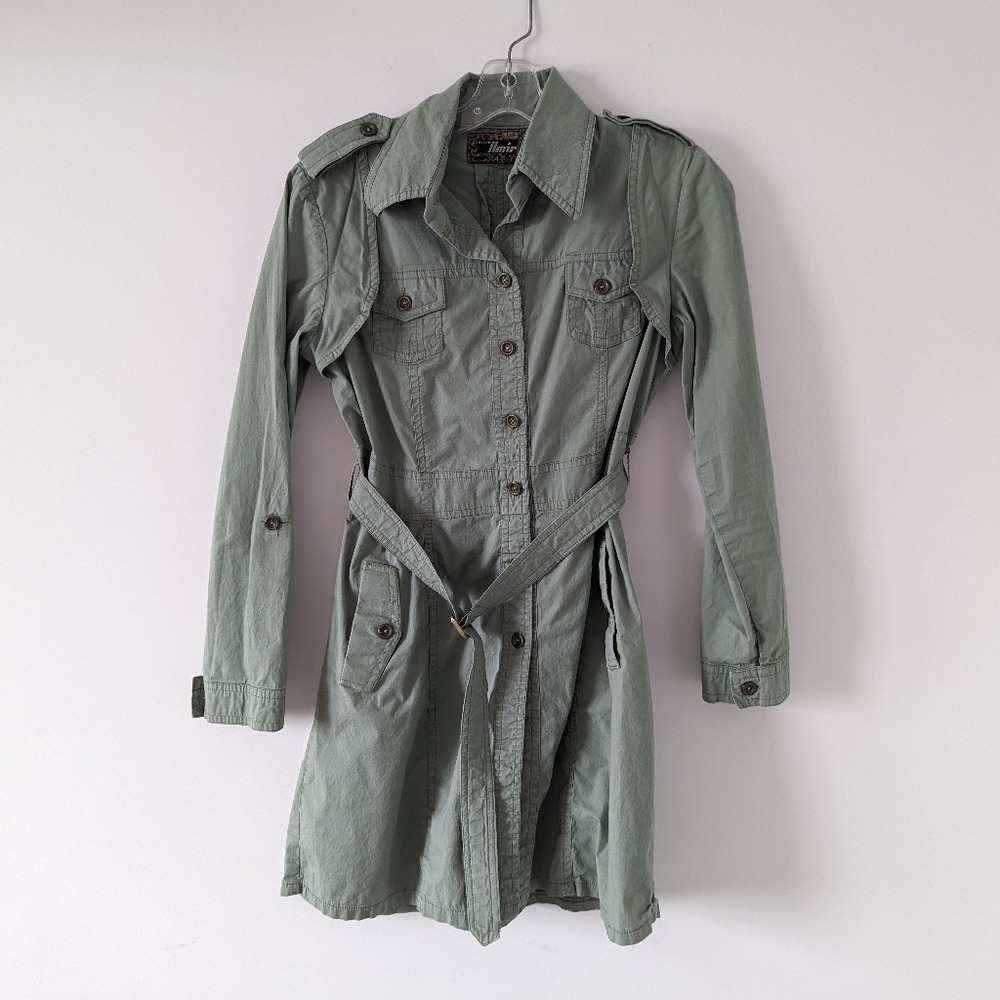 Amir Military-Inspired Belted Shirt Dress - Size 4 Green Cotton Gorpcore Fall